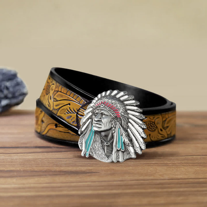 Herren-DIY-Farbiges Indianerchef-Schnalle-Ledergürtel