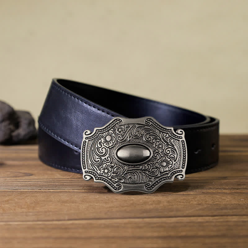 Herren DIY eingeritzter Ledergürtel mit Blumendekor und Schnalle