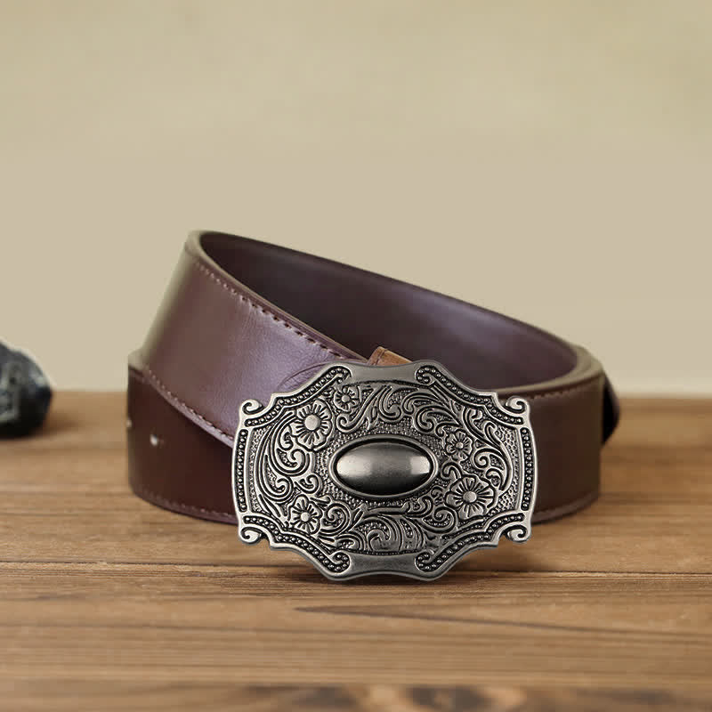 Herren DIY eingeritzter Ledergürtel mit Blumendekor und Schnalle