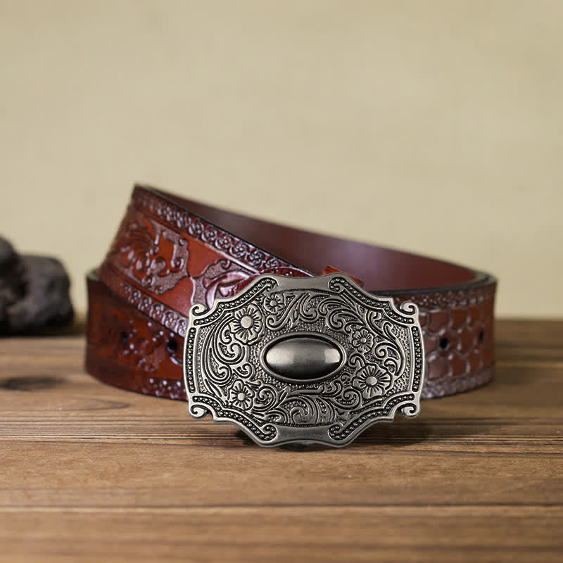 Herren DIY eingeritzter Ledergürtel mit Blumendekor und Schnalle