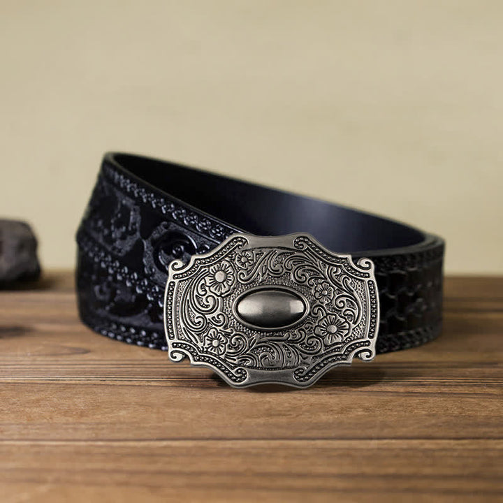 Herren DIY eingeritzter Ledergürtel mit Blumendekor und Schnalle