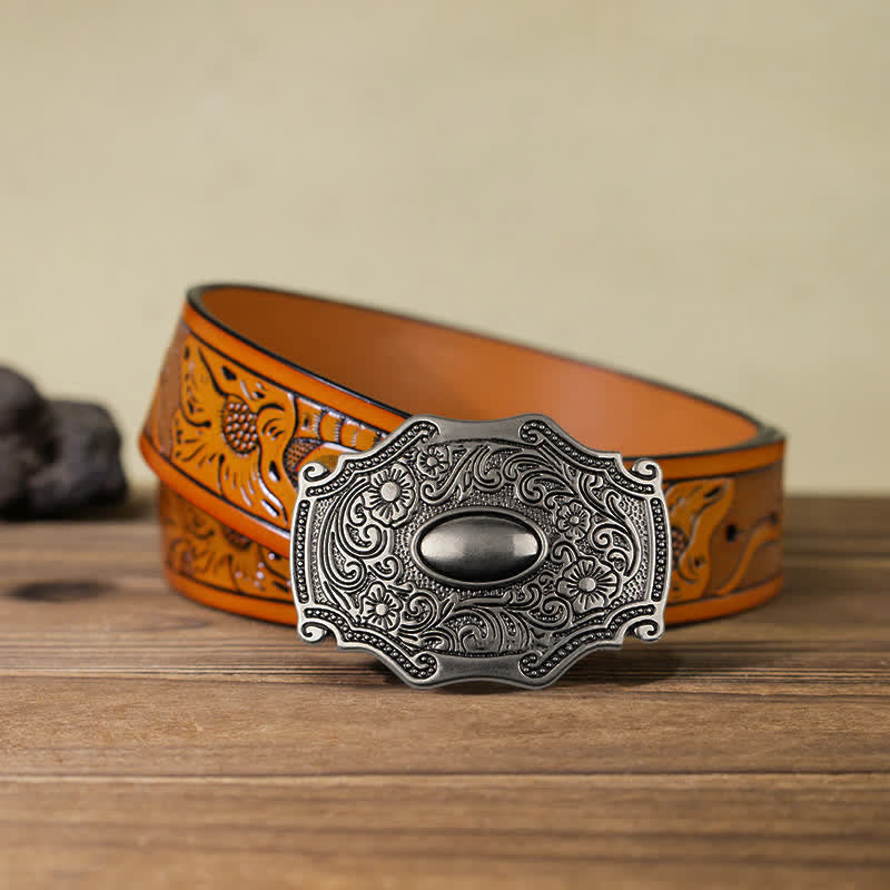 Herren DIY eingeritzter Ledergürtel mit Blumendekor und Schnalle