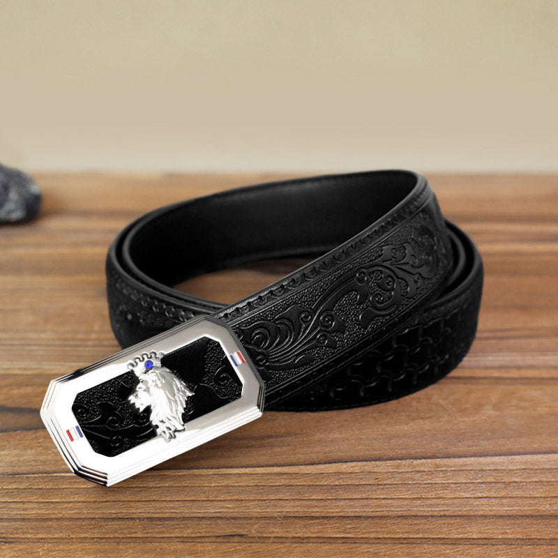 DIY-Ledergürtel für Herren mit Löwenkopf und automatischer Schnalle - Silber - Schwarzer Gürtel mit geschnitztem Muster (40) - image 11