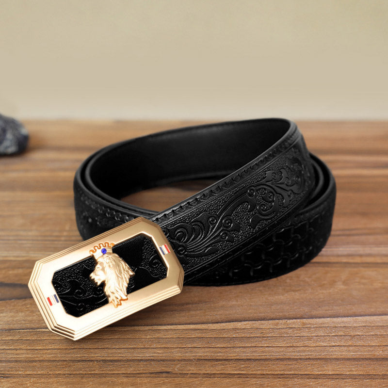 DIY-Ledergürtel für Herren mit Löwenkopf und automatischer Schnalle - Gold - Schwarzer Gürtel mit geschnitztem Muster (40) - image 5