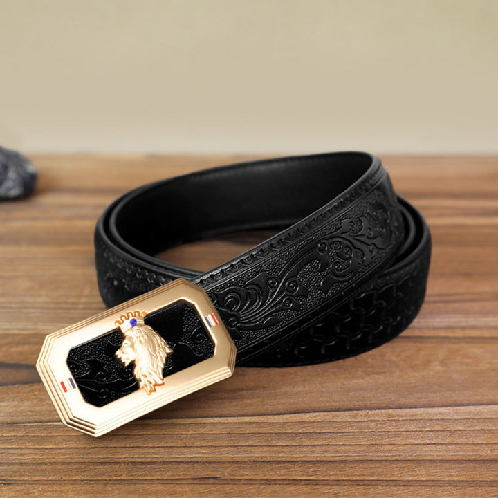 DIY-Ledergürtel für Herren mit Löwenkopf und automatischer Schnalle - Gold - Schwarzer Gürtel mit geschnitztem Muster (40) - image 5