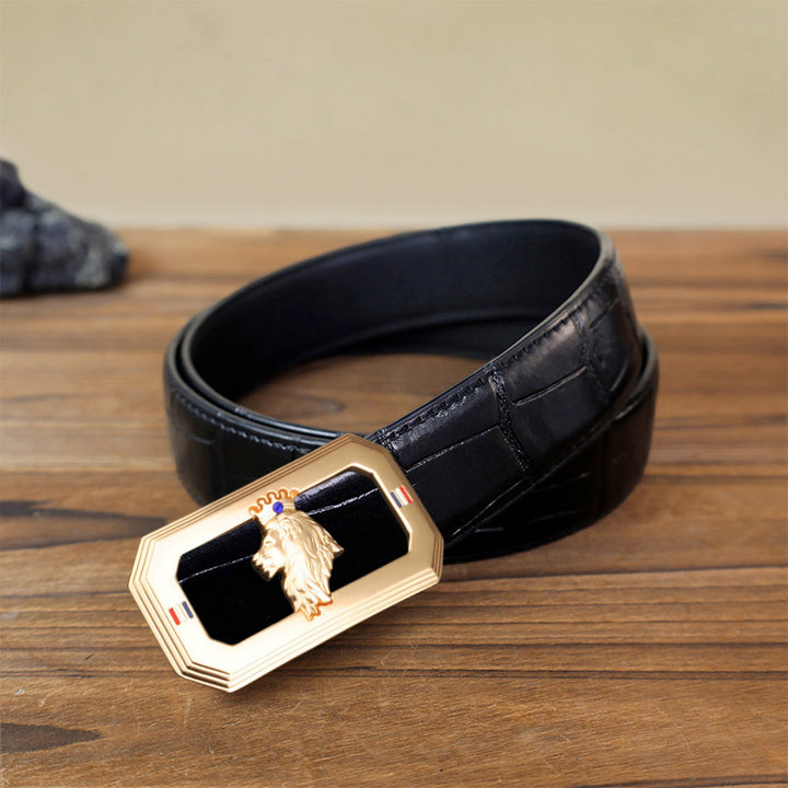 DIY-Ledergürtel für Herren mit Löwenkopf und automatischer Schnalle - Gold - Schwarzer Gürtel mit Krokodilmuster (40) - image 2