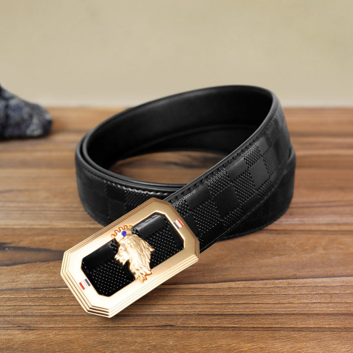 DIY-Ledergürtel für Herren mit Löwenkopf und automatischer Schnalle - Gold - Schwarzer Gürtel mit Karomuster (40) - image 6