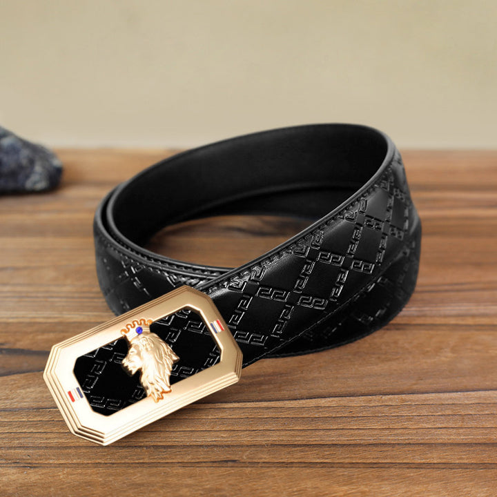 DIY-Ledergürtel für Herren mit Löwenkopf und automatischer Schnalle - Gold - Schwarzer Gürtel mit Rautenmuster (40) - image 3