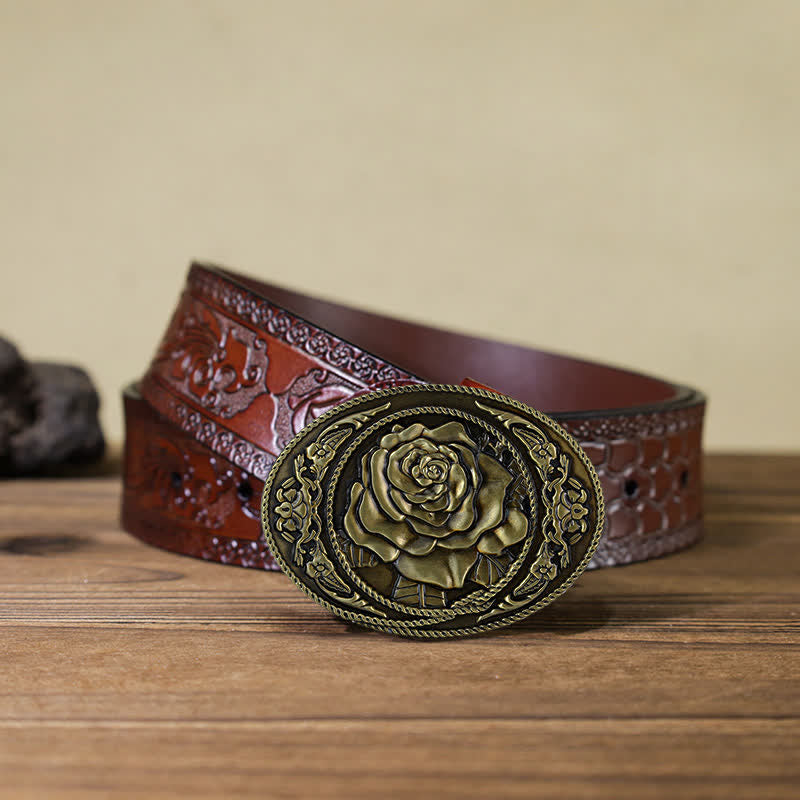 DIY-Trendiger Western-Ledergürtel mit Rosenschnalle für Männer