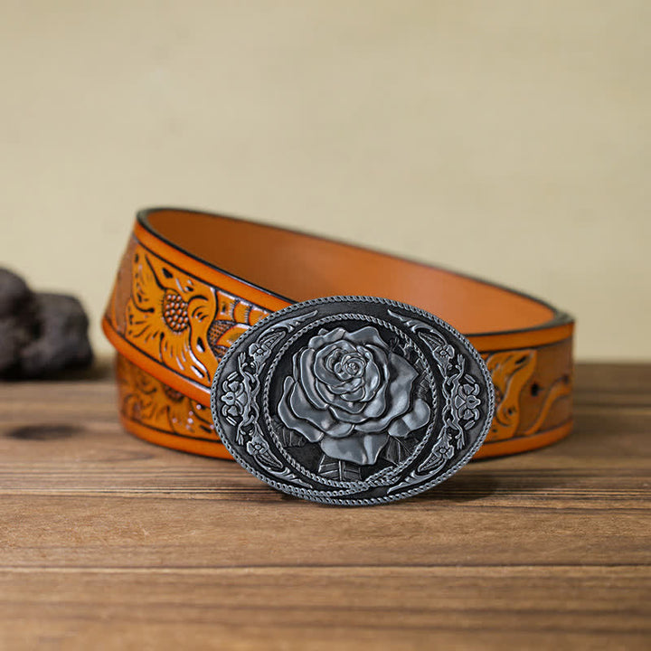 DIY-Trendiger Western-Ledergürtel mit Rosenschnalle für Männer