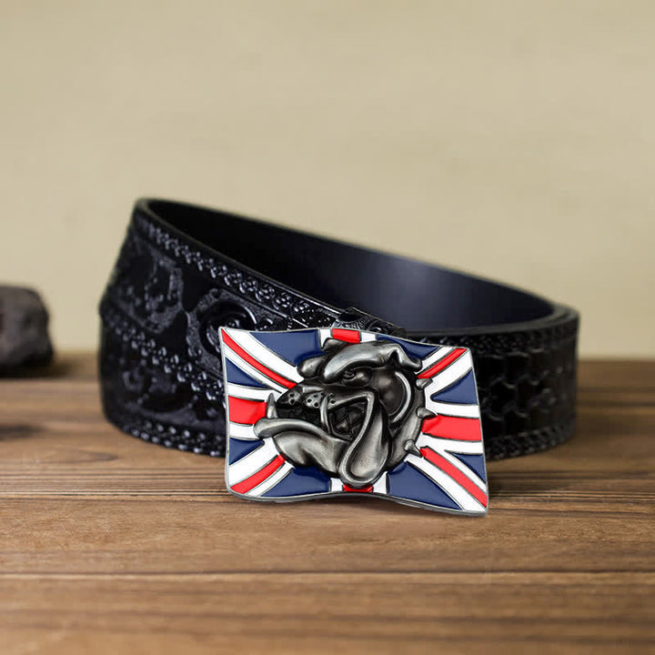 DIY Herren Leder Gürtel mit Bulldoggenkopf-Schnalle und britischer Flagge