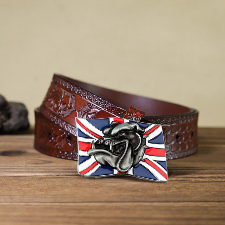 DIY Herren Leder Gürtel mit Bulldoggenkopf-Schnalle und britischer Flagge