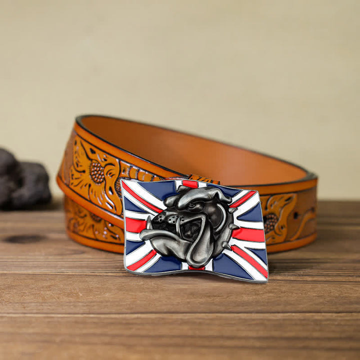 DIY Herren Leder Gürtel mit Bulldoggenkopf-Schnalle und britischer Flagge