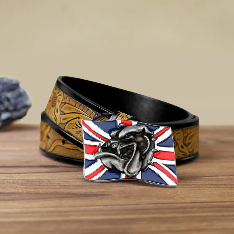 DIY Herren Leder Gürtel mit Bulldoggenkopf-Schnalle und britischer Flagge