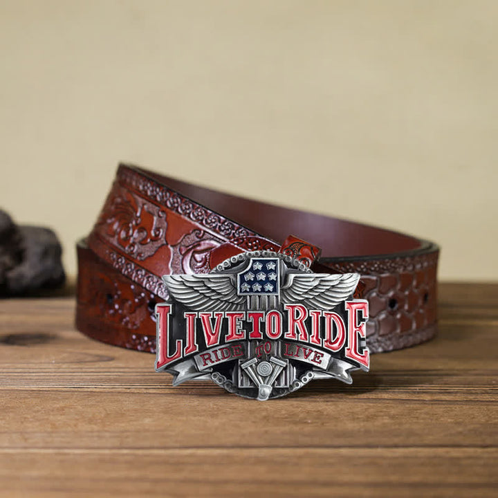 Herren DIY Motorrad Live To Ride Flügel Schnalle Ledergürtel