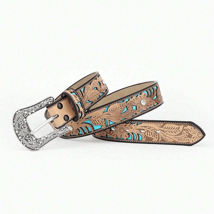 Damen Gürtel aus Kamel-Leder mit geprägtem Blumenmuster und Strasssteinen