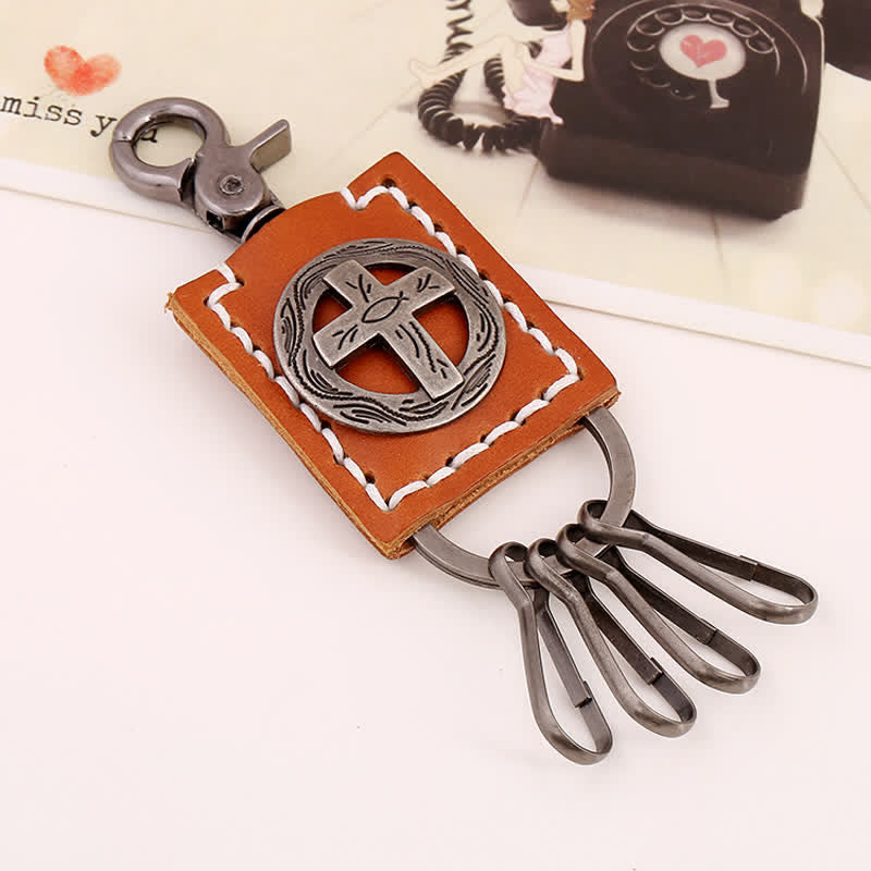 Treues Kreuz Ornament Handgefertigter Leder Schlüsselanhänger