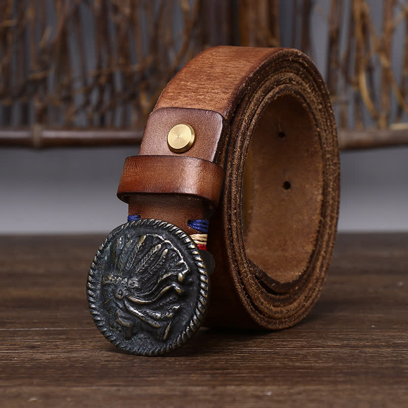Vintage-Ledergürtel mit Indianerkopf für Herren