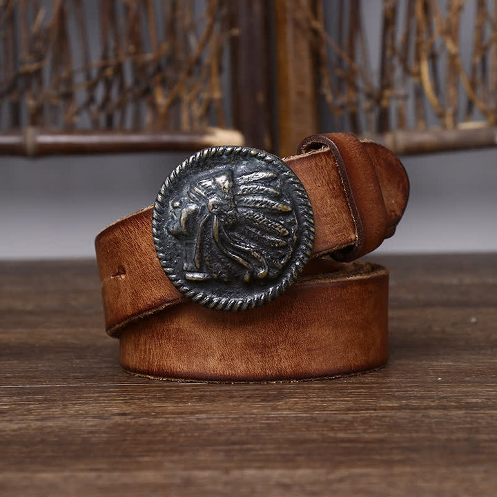 Vintage-Ledergürtel mit Indianerkopf für Herren