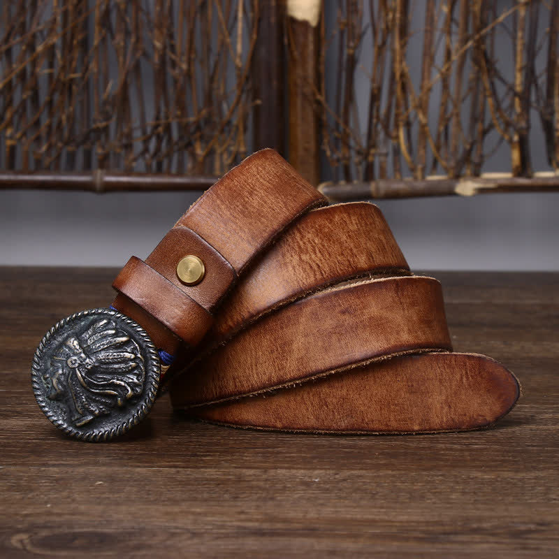 Vintage-Ledergürtel mit Indianerkopf für Herren