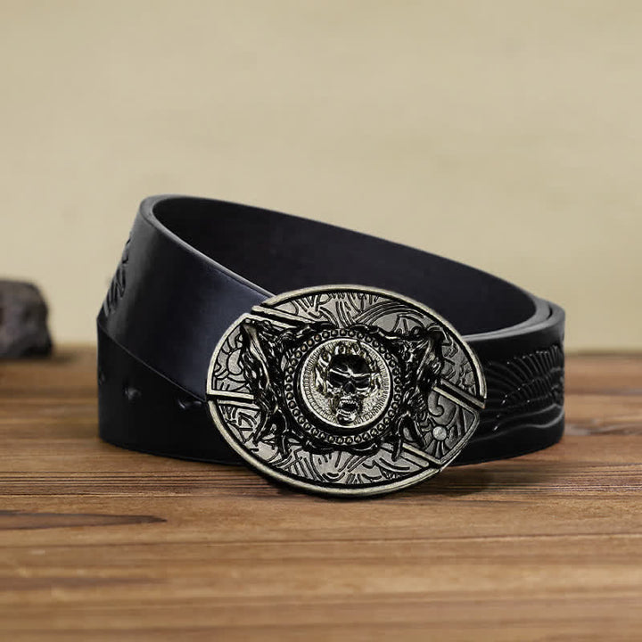 DIY-Ledergürtel für Herren mit drehbarem Totenkopf und verstecktem Klappmesser