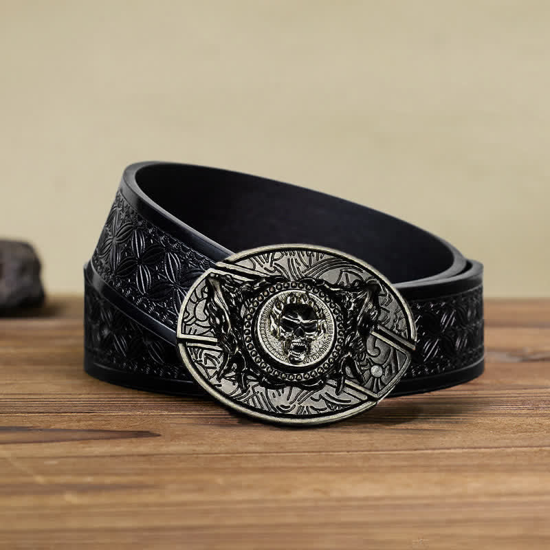 DIY-Ledergürtel für Herren mit drehbarem Totenkopf und verstecktem Klappmesser