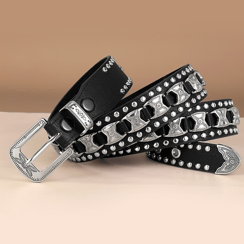 Western Concho Rivet Carved Buckle Leder Gürtel