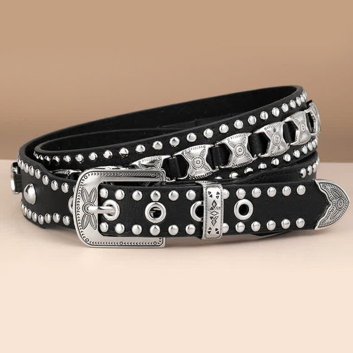 Western Concho Rivet Carved Buckle Leder Gürtel