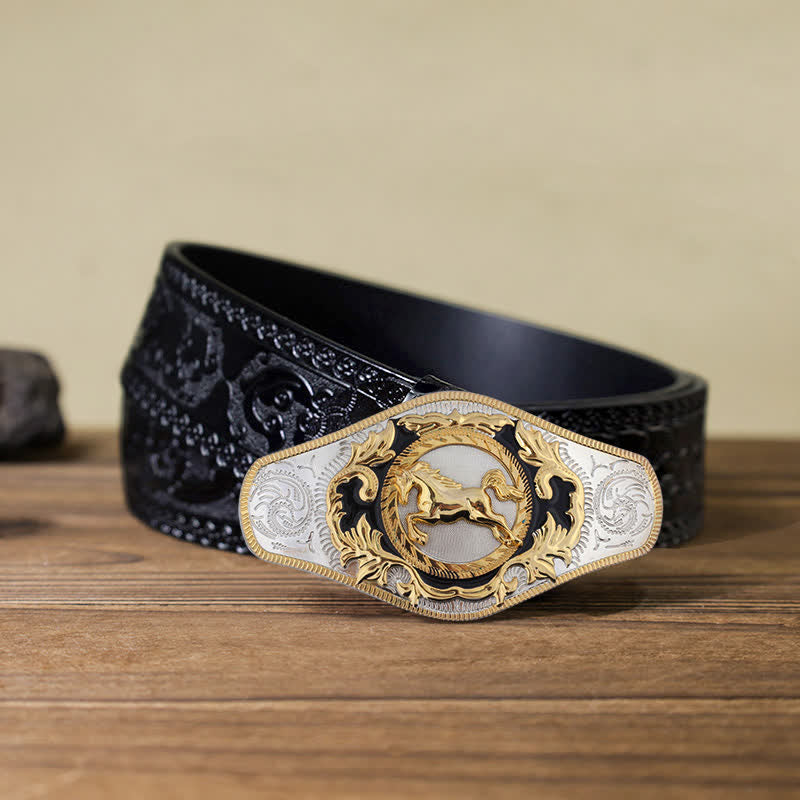 Herren-DIY-Western-Gürtel mit goldener Tierschnalle aus Leder - Laufendes Pferd - Schwarzer geschnitzter Gürtel (115 cm/46 Zoll) - image 16