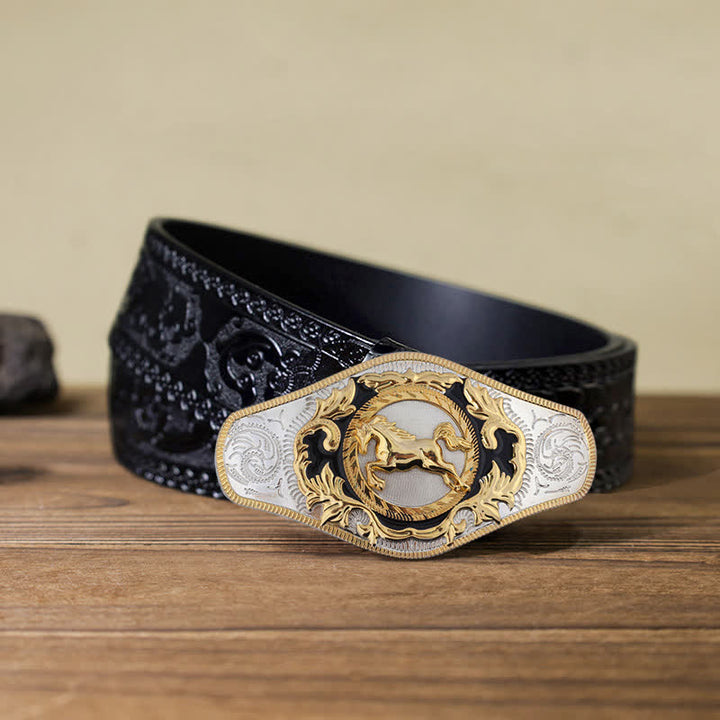Herren-DIY-Western-Gürtel mit goldener Tierschnalle aus Leder - Laufendes Pferd - Schwarzer geschnitzter Gürtel (115 cm/46 Zoll) - image 16