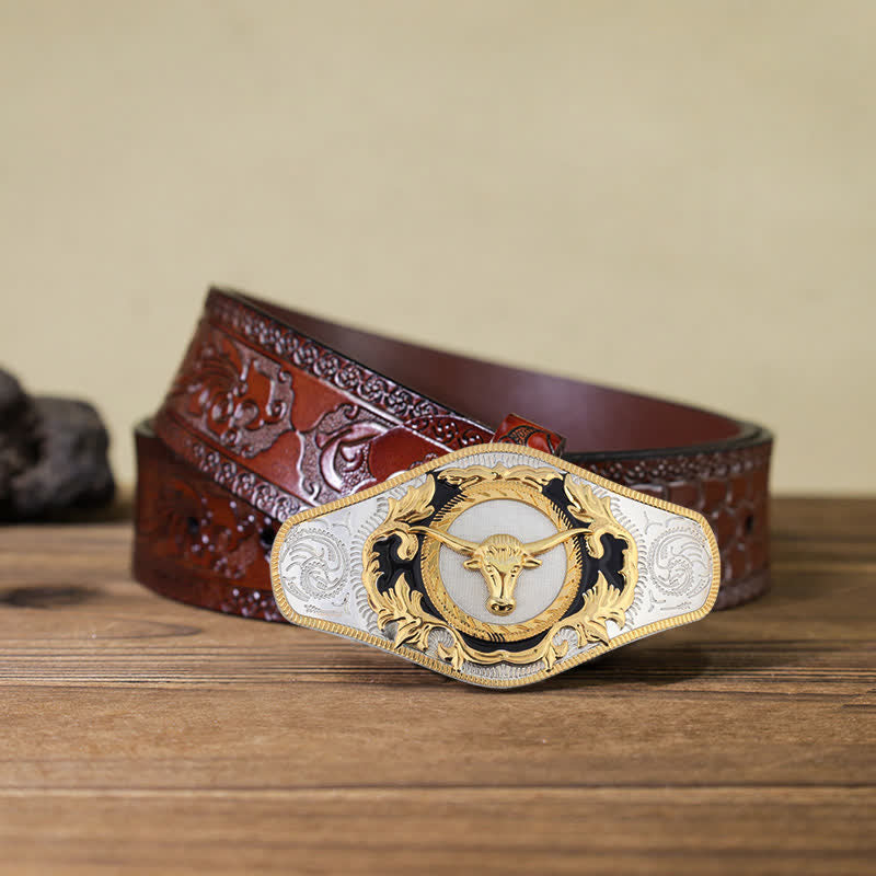 Herren-DIY-Western-Gürtel mit goldener Tierschnalle aus Leder - Stierkopf - Brauner geschnitzter Gürtel (115 cm/46 Zoll) - image 25
