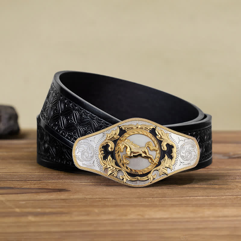 Herren-DIY-Western-Gürtel mit goldener Tierschnalle aus Leder - Laufendes Pferd - Schwarzer geprägter Webgürtel (110 cm/44 Zoll) - image 15
