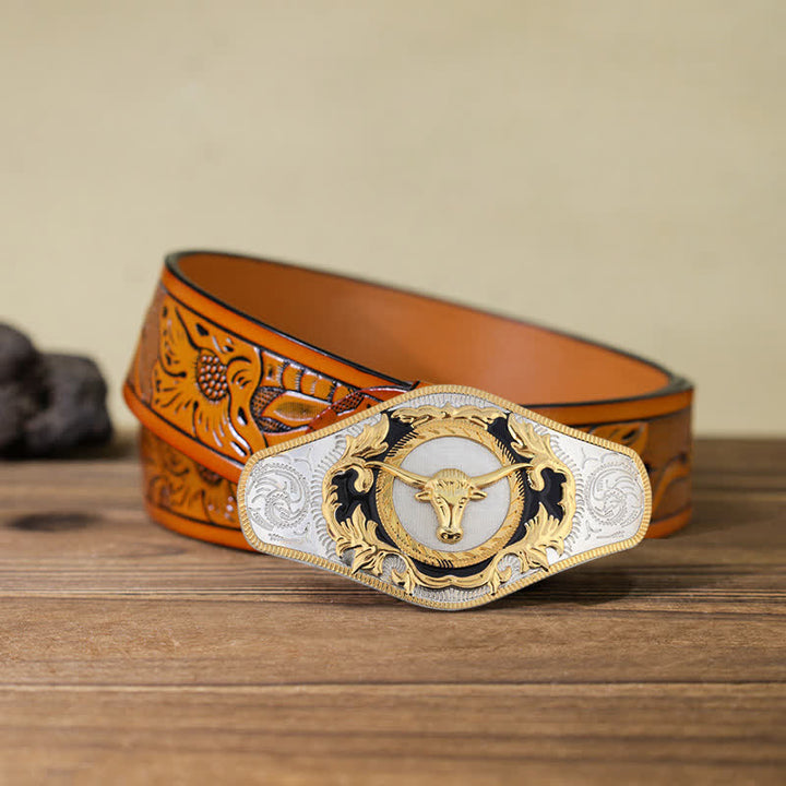Herren-DIY-Western-Gürtel mit goldener Tierschnalle aus Leder - Stierkopf - Orangefarbener geschnitzter Gürtel (115 cm/46 Zoll) - image 27