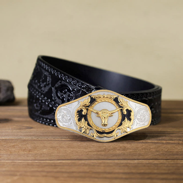 Herren-DIY-Western-Gürtel mit goldener Tierschnalle aus Leder - Stierkopf - Schwarzer geschnitzter Gürtel (115 cm/46 Zoll) - image 24