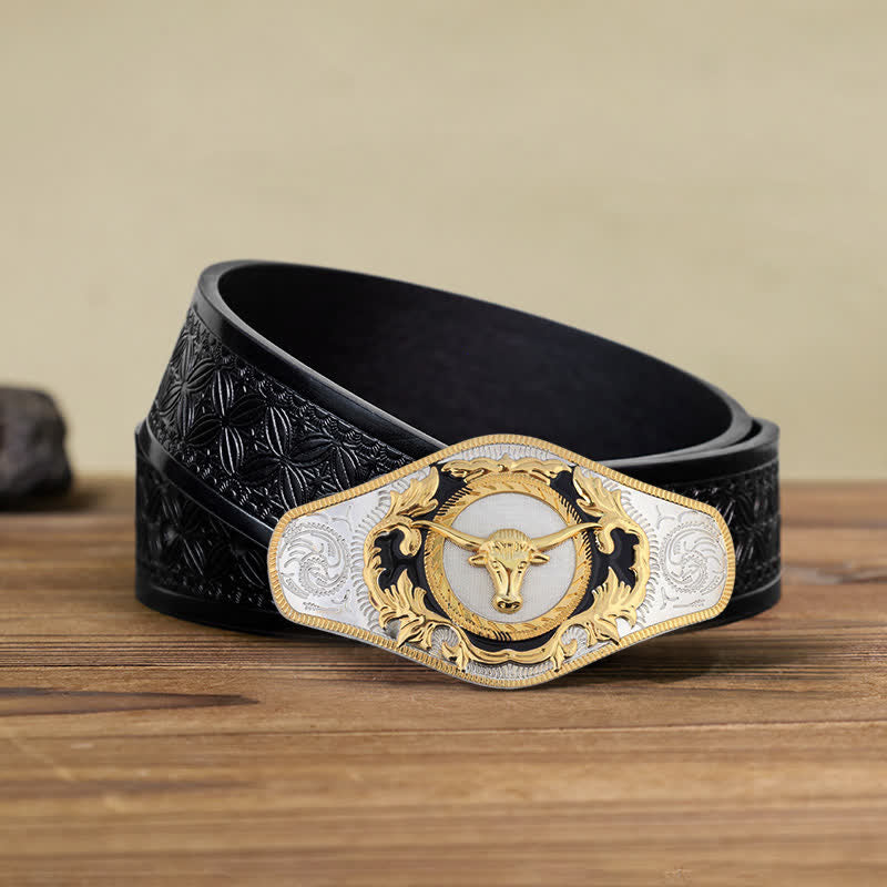 Herren-DIY-Western-Gürtel mit goldener Tierschnalle aus Leder - Stierkopf - Schwarzer geprägter Webgürtel (110 cm/44 Zoll) - image 23
