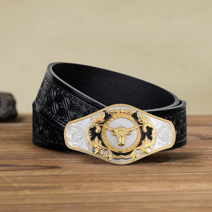 Herren-DIY-Western-Gürtel mit goldener Tierschnalle aus Leder - Stierkopf - Schwarzer geprägter Webgürtel (110 cm/44 Zoll) - image 23