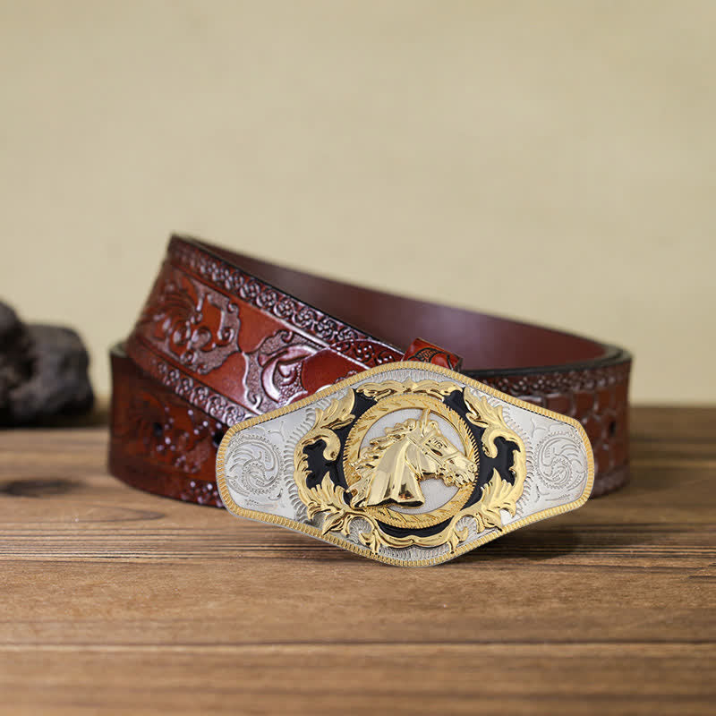 Herren-DIY-Western-Gürtel mit goldener Tierschnalle aus Leder - Pferdekopf - Brauner geschnitzter Gürtel (40) - image 9