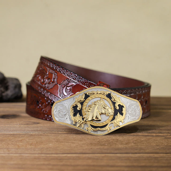 Herren-DIY-Western-Gürtel mit goldener Tierschnalle aus Leder - Pferdekopf - Brauner geschnitzter Gürtel (40) - image 9