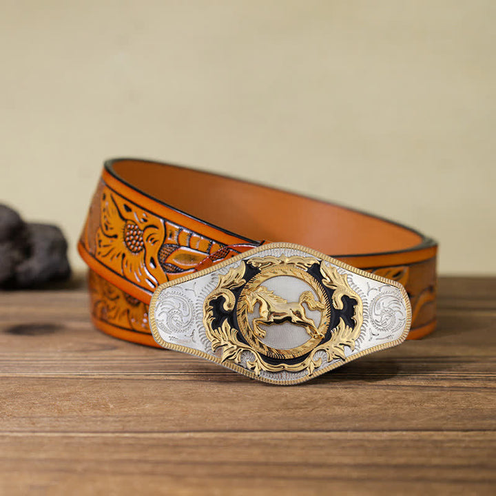 Herren-DIY-Western-Gürtel mit goldener Tierschnalle aus Leder - Laufendes Pferd - Orangefarbener geschnitzter Gürtel (115 cm/46 Zoll) - image 19