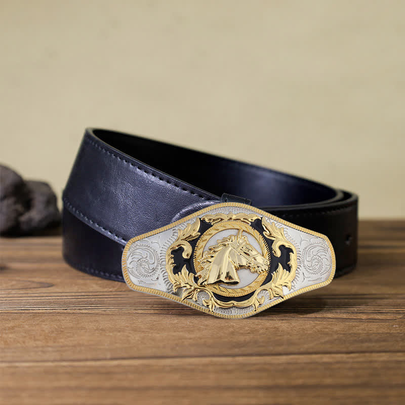 Herren-DIY-Western-Gürtel mit goldener Tierschnalle aus Leder - Pferdekopf - Schwarzer PU-Gürtel (40) - image 5