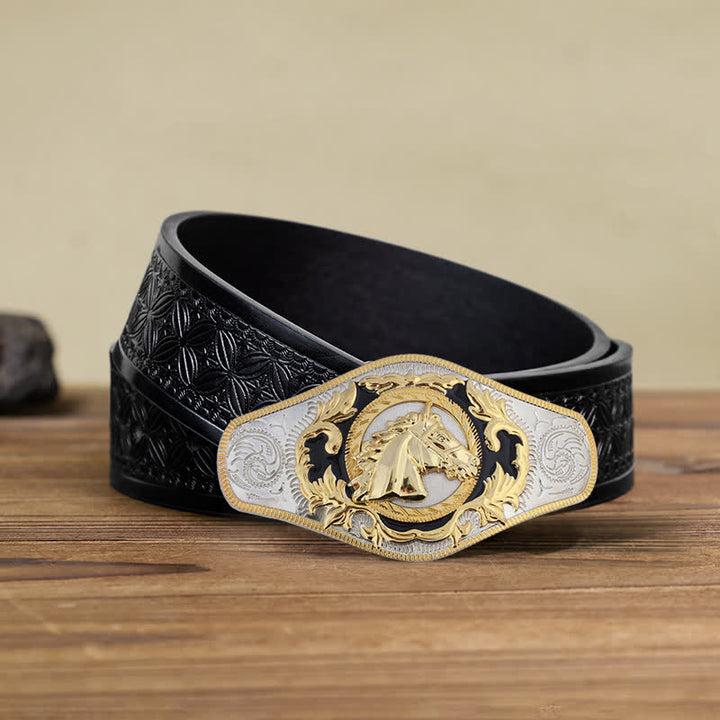 Herren-DIY-Western-Gürtel mit goldener Tierschnalle aus Leder - Pferdekopf - Schwarzer geprägter Webgürtel (40) - image 7