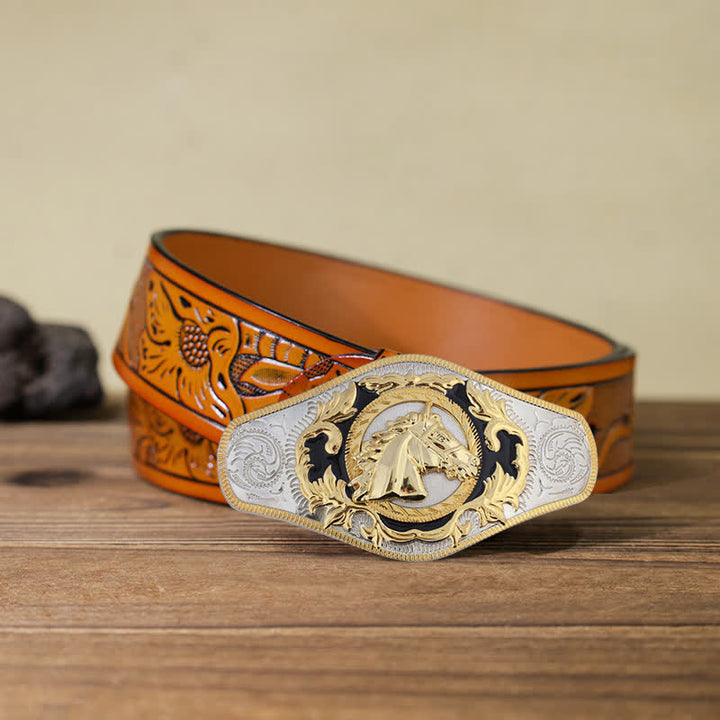 Herren-DIY-Western-Gürtel mit goldener Tierschnalle aus Leder - Pferdekopf - Orangefarbener geschnitzter Gürtel (40) - image 11