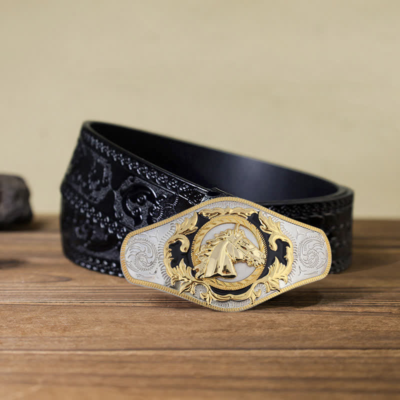 Herren-DIY-Western-Gürtel mit goldener Tierschnalle aus Leder - Pferdekopf - Schwarzer geschnitzter Gürtel (40) - image 8