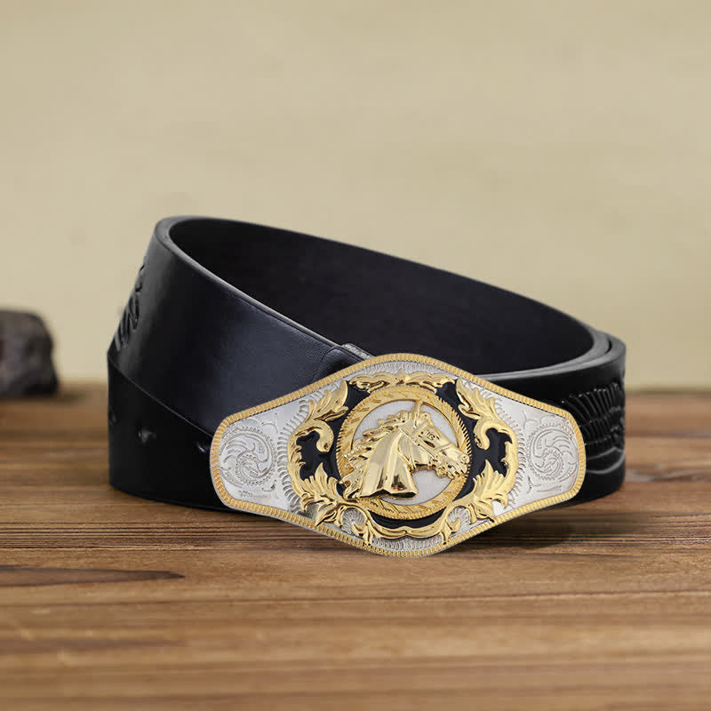 Herren-DIY-Western-Gürtel mit goldener Tierschnalle aus Leder - Pferdekopf - Schwarzer Gürtel mit geprägtem Adler (40) - image 6