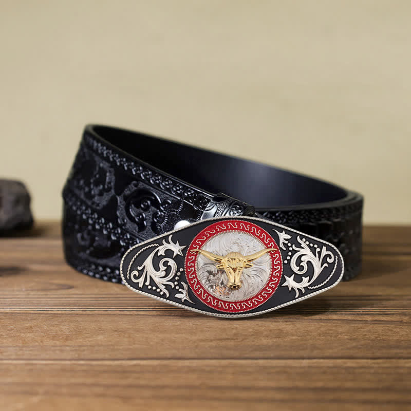 Herren DIY Western Schwarz-Gold Tier-Schnalle Ledergürtel - Stierkopf - Schwarzer geschnitzter Gürtel (40) - image 27