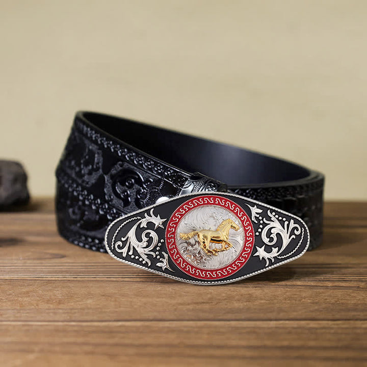 Herren DIY Western Schwarz-Gold Tier-Schnalle Ledergürtel - Laufendes Pferd - Schwarzer geschnitzter Gürtel (40) - image 10