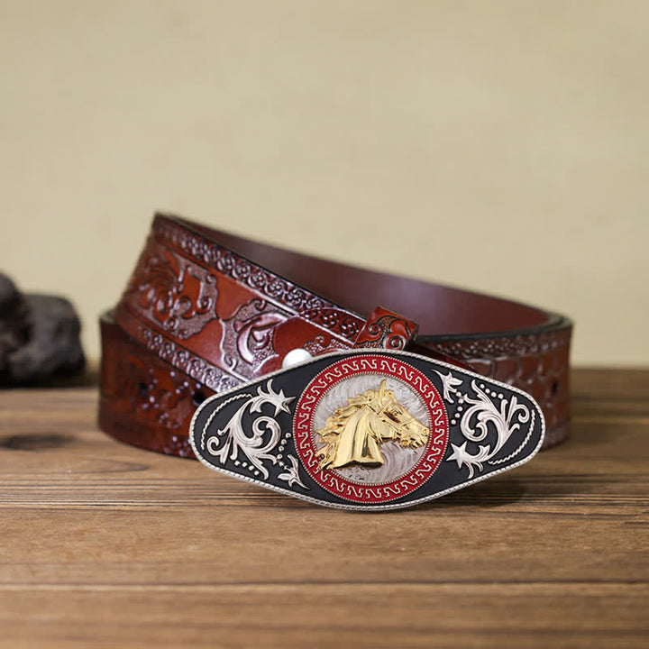 Herren DIY Western Schwarz-Gold Tier-Schnalle Ledergürtel - Pferdekopf - Brauner geschnitzter Gürtel (40) - image 20