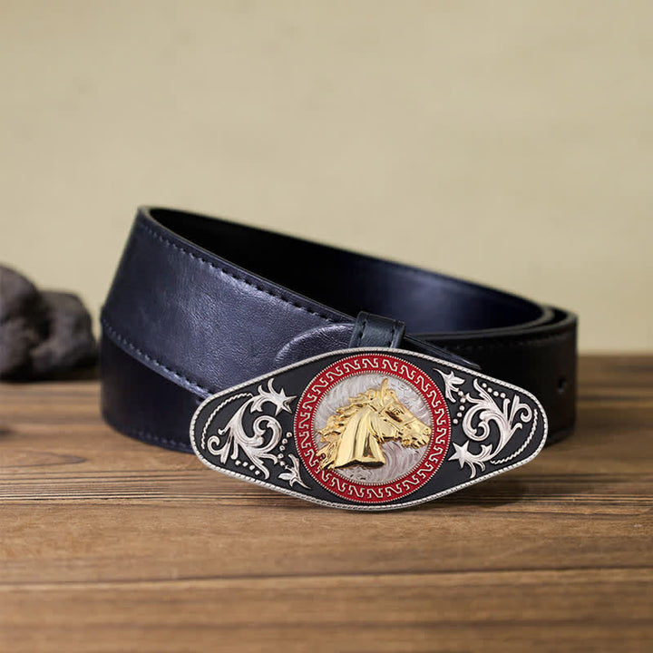 Herren DIY Western Schwarz-Gold Tier-Schnalle Ledergürtel - Pferdekopf - Schwarzer PU-Gürtel (40) - image 16