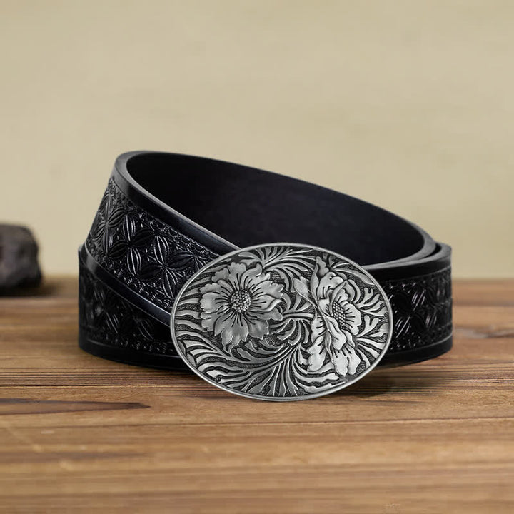 Herren DIY Ovaler Western Blumen-Schnallenledergürtel