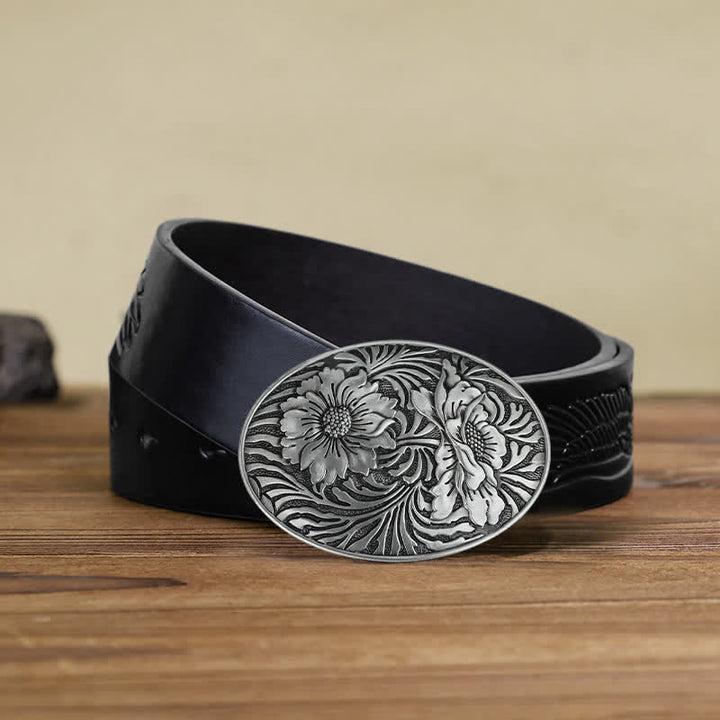 Herren DIY Ovaler Western Blumen-Schnallenledergürtel